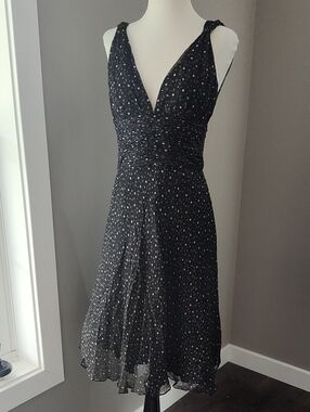 White House Black Market Crepe Black With Cream Polka Dot Midi Dress